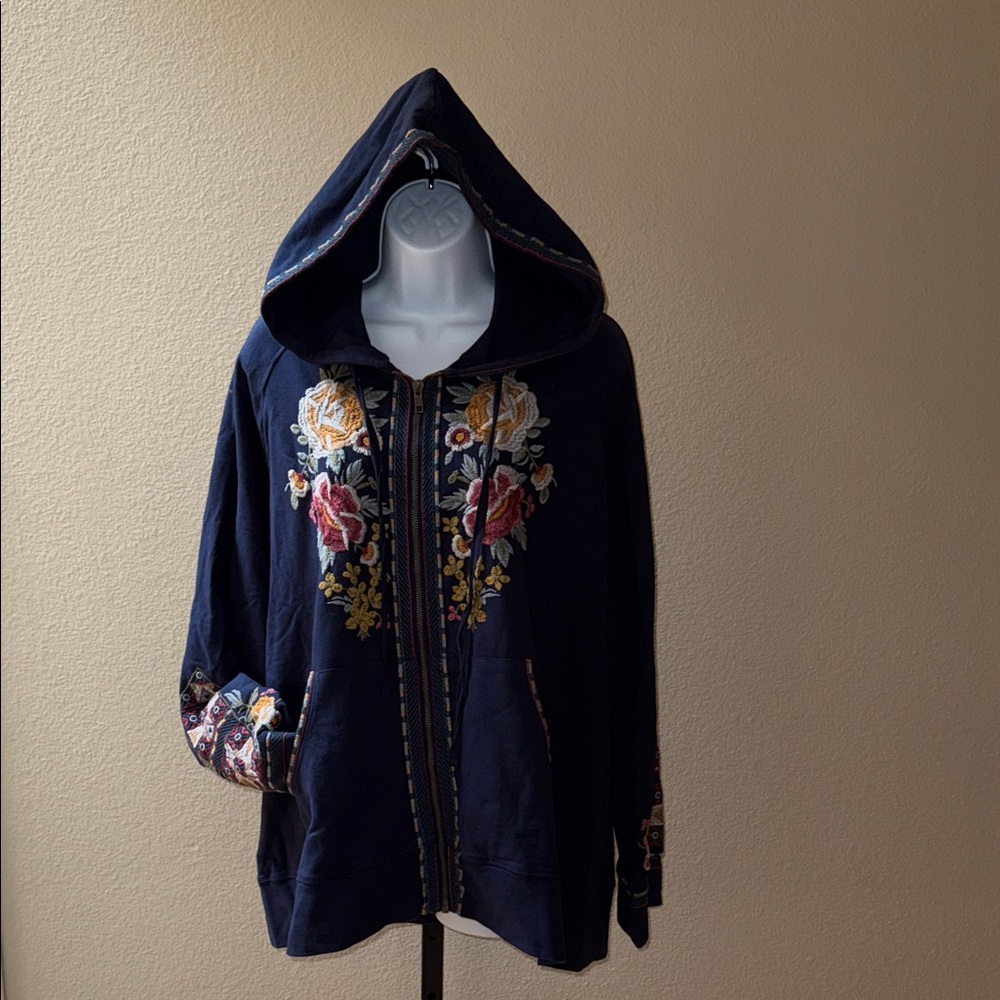 Johnny Was Cherelle Navy Floral Embroidered Zip Up Hoodie Sweatshirt Size 1X